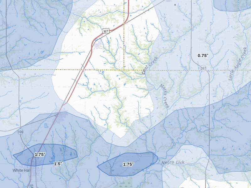 NEXRAD radar-signature map of the hail over Roodhouse, IL