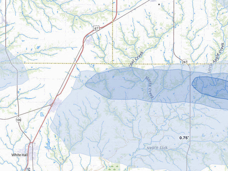 NEXRAD radar-signature map of the hail storm over Roodhouse, IL on May 3, 2026