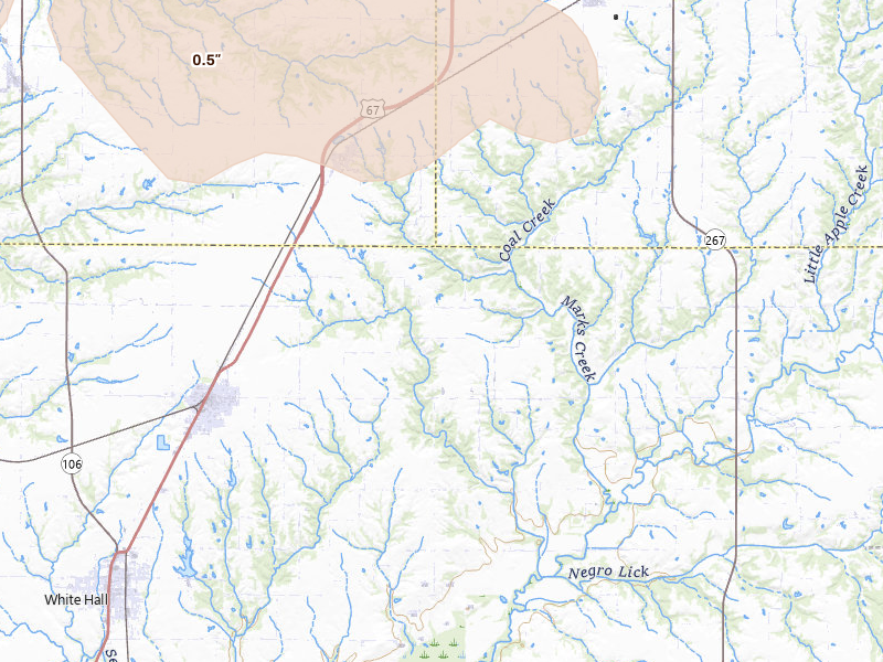 Radar-estimated hail-size map of the storm over Roodhouse, IL on May 4, 2026