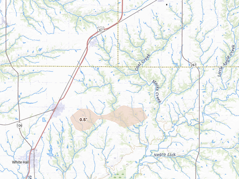 Radar-estimated hail-size map of the storm over Roodhouse, IL on May 14, 2026