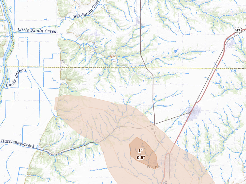 Radar-estimated hail-size map of the storm over Roodhouse, IL on Jun 24, 2026
