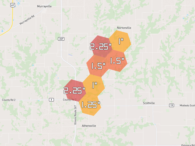 Hail map of Roodhouse, IL on Jul 4, 2026, hail up to 2.25"