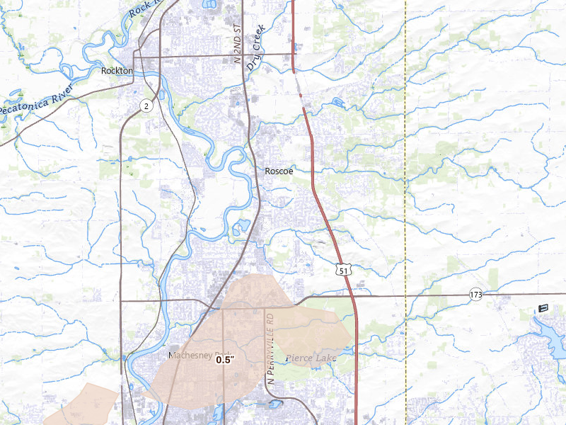 Radar-estimated hail-size map of the storm over Roscoe, IL on Mar 30, 2026