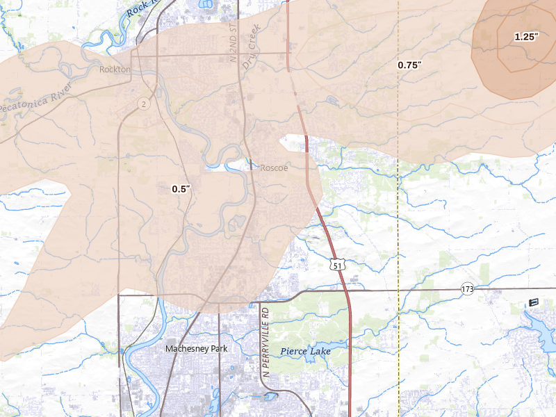 Radar-estimated hail-size map of the storm over Roscoe, IL on Apr 14, 2026