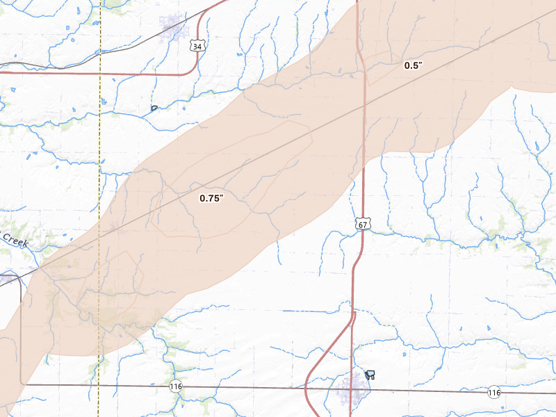 Radar-estimated hail-size map of the storm over Roseville, IL on Apr 2, 2026