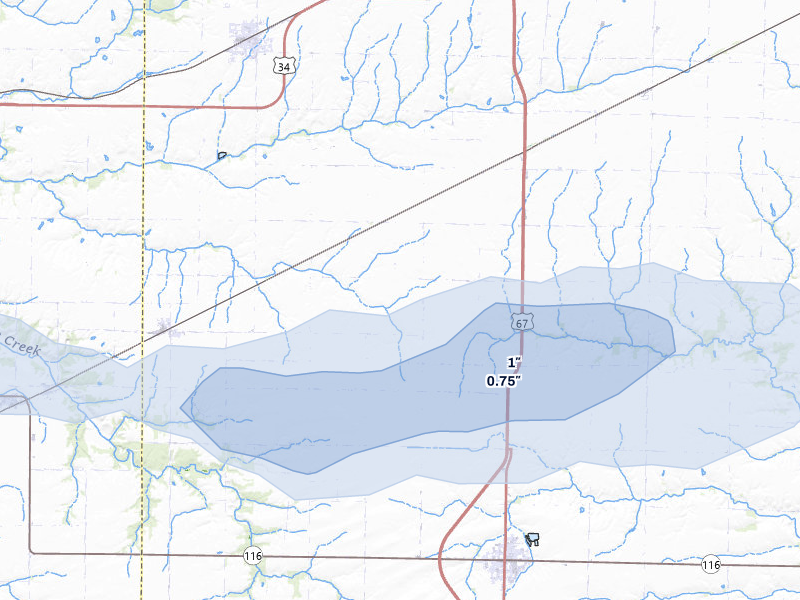 NEXRAD radar-signature map of the hail storm over Roseville, IL on May 4, 2026