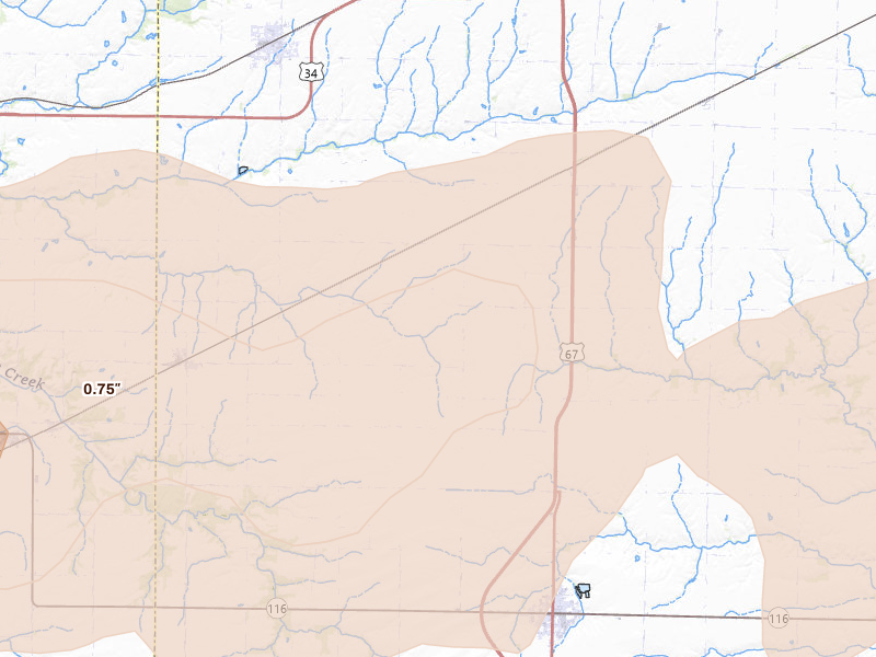 Radar-estimated hail-size map of the storm over Roseville, IL on Jun 11, 2026