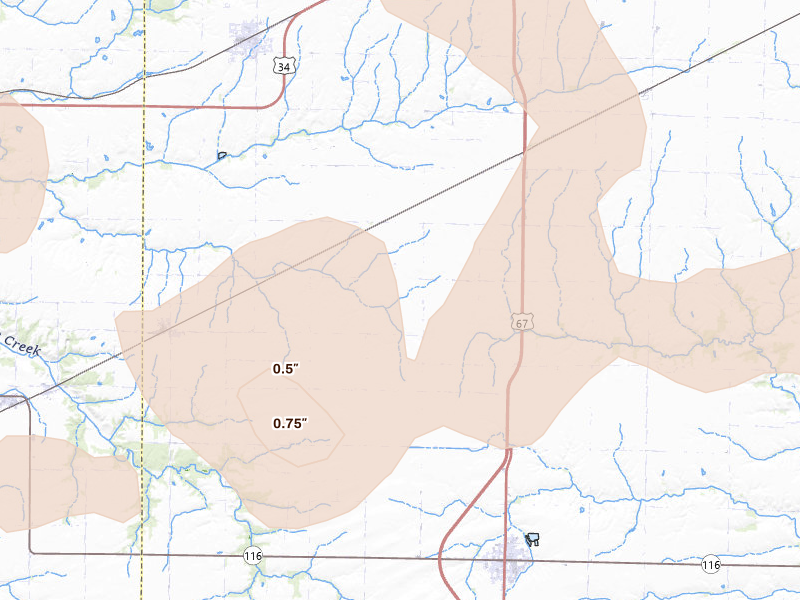 Radar-estimated hail-size map of the storm over Roseville, IL on Aug 13, 2026