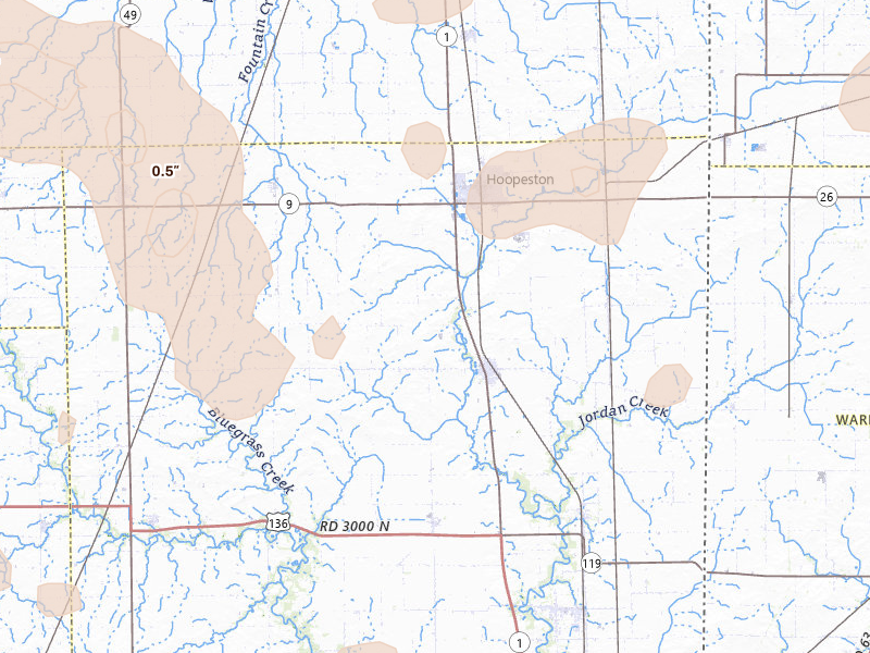 Radar-estimated hail-size map of the storm over Rossville, IL on Aug 13, 2026