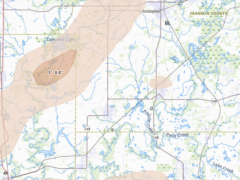 Radar-estimated hail-size map of the storm over Royalton, IL on Apr 27, 2026