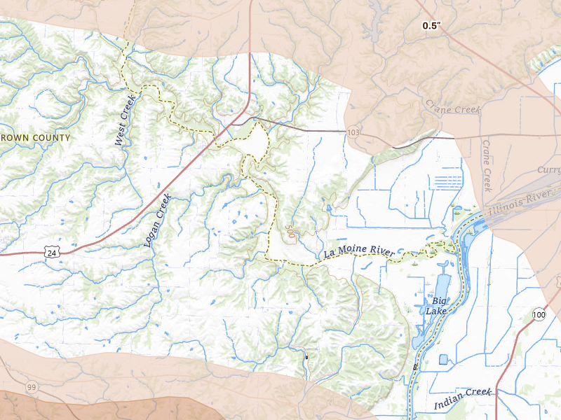 Radar-estimated hail-size map of the storm over Rushville, IL on May 4, 2026