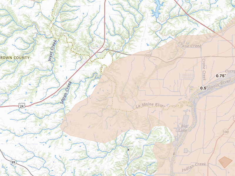 Radar-estimated hail-size map of the storm over Rushville, IL on Jun 11, 2026
