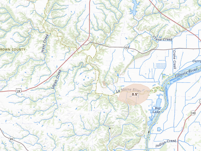 Radar-estimated hail-size map of the storm over Rushville, IL on Jun 17, 2026