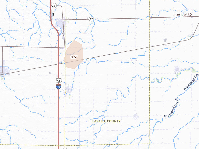Radar-estimated hail-size map of the storm over Rutland, IL on May 15, 2026