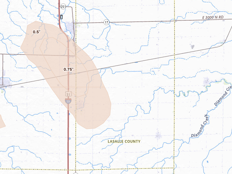 Radar-estimated hail-size map of the storm over Rutland, IL on Aug 21, 2026