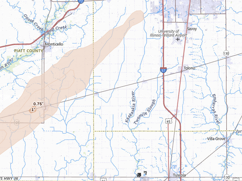 Radar-estimated hail-size map of the storm over Sadorus, IL on Apr 27, 2026
