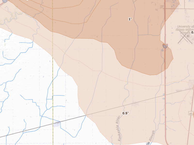 Radar-estimated hail-size map of the storm over Sadorus, IL on Aug 11, 2026