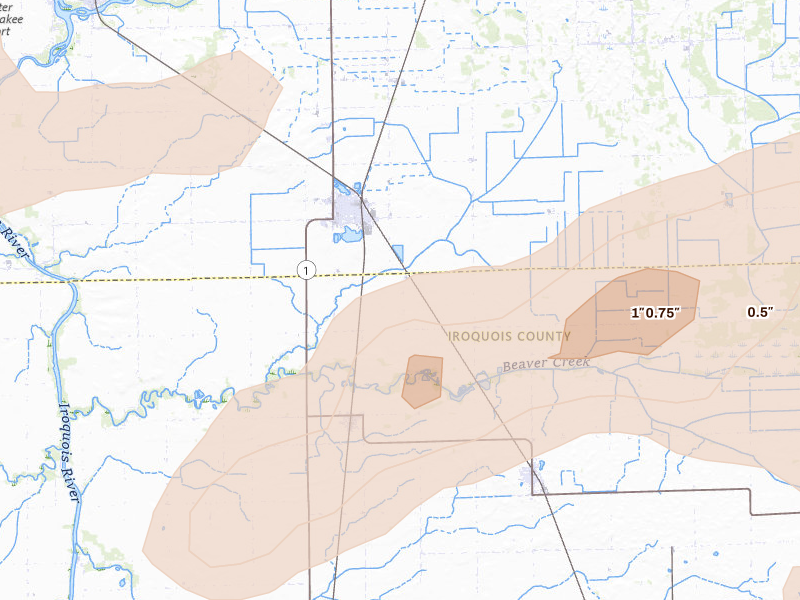 Radar-estimated hail-size map of the storm over Saint Anne, IL on Apr 13, 2026