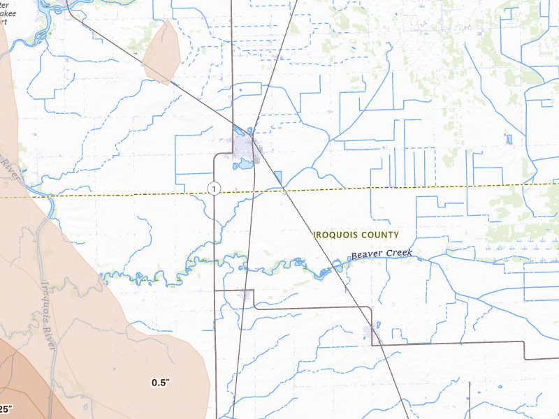 Radar-estimated hail-size map of the storm over Saint Anne, IL on Jul 27, 2026