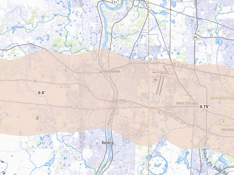 Radar-estimated hail-size map of the storm over Saint Charles, IL on Mar 30, 2026