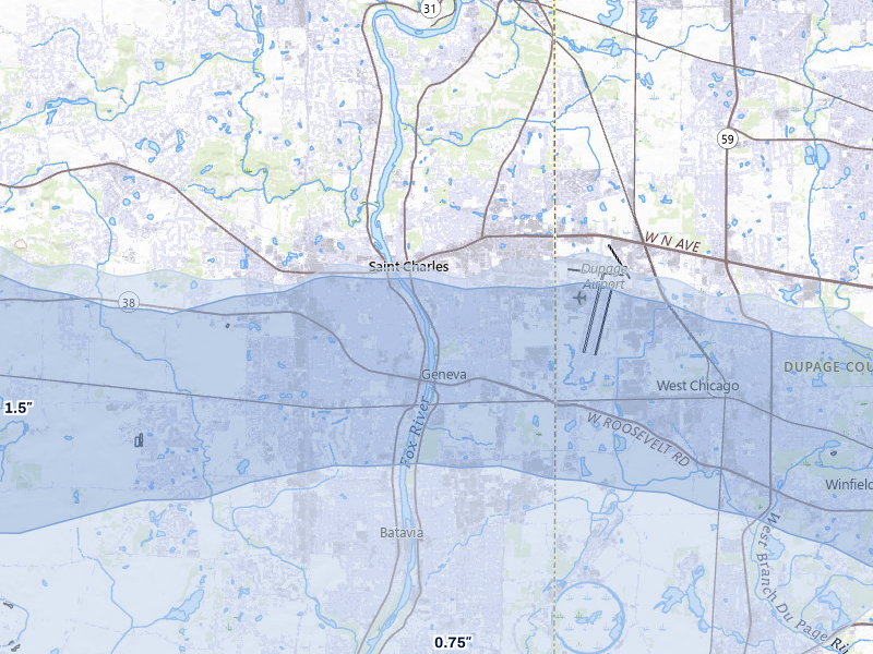 NEXRAD radar-signature map of the hail storm over Saint Charles, IL on Mar 30, 2026