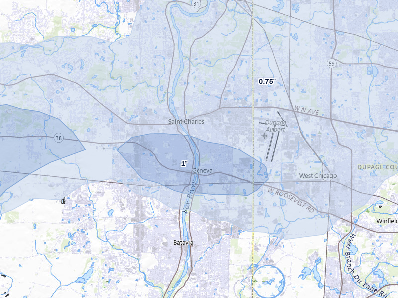 NEXRAD radar-signature map of the hail storm over Saint Charles, IL on May 4, 2026