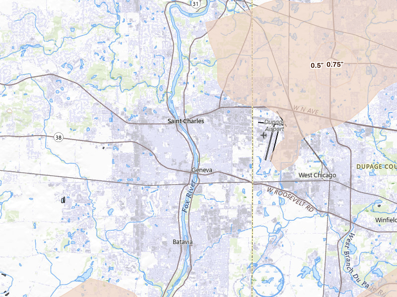 Radar-estimated hail-size map of the storm over Saint Charles, IL on Jul 2, 2026