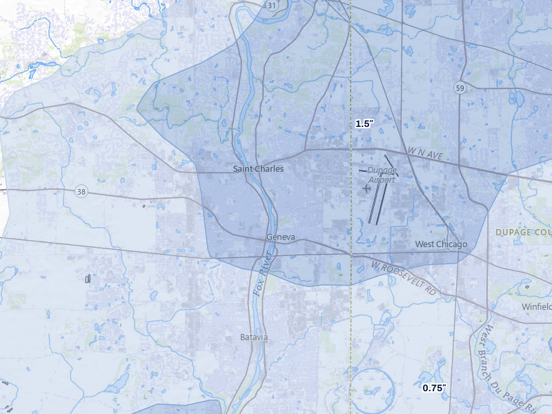 NEXRAD radar-signature map of the hail over Saint Charles, IL