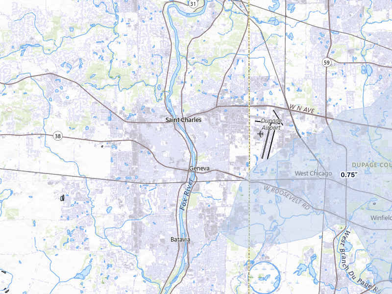 NEXRAD radar-signature map of the hail storm over Saint Charles, IL on Jul 3, 2026