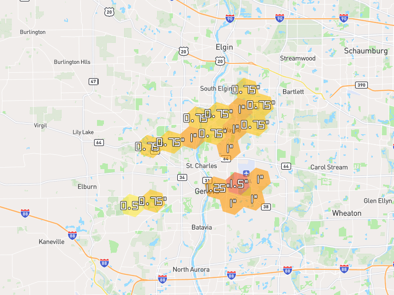 Hail map of Saint Charles, IL on Jul 3, 2026, hail up to 1.5"