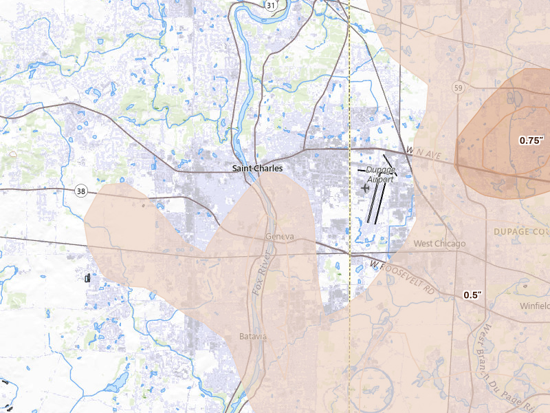 Radar-estimated hail-size map of the storm over Saint Charles, IL on Jul 27, 2026