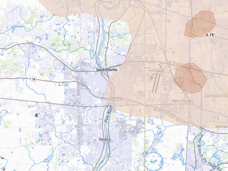 Radar-estimated hail-size map of the storm over Saint Charles, IL on Aug 9, 2026