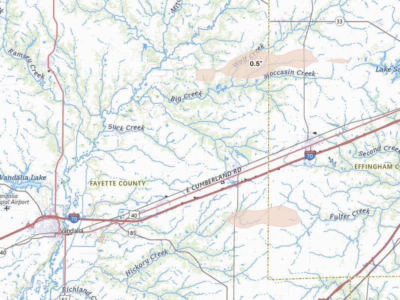 Radar-estimated hail-size map of the storm over Saint Elmo, IL on Mar 22, 2026