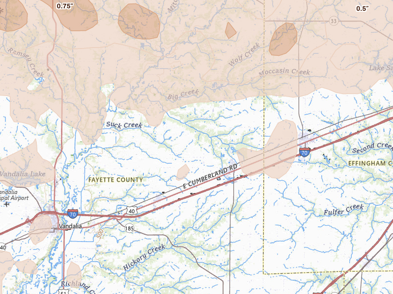 Radar-estimated hail-size map of the storm over Saint Elmo, IL on Apr 27, 2026