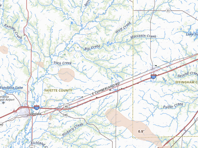 Radar-estimated hail-size map of the storm over Saint Elmo, IL on May 3, 2026