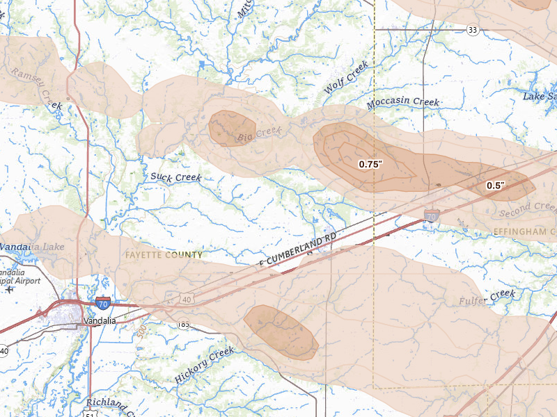 Radar-estimated hail-size map of the storm over Saint Elmo, IL on Jun 17, 2026