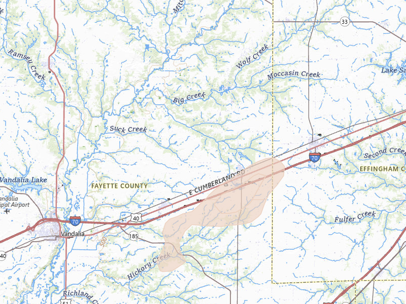 Radar-estimated hail-size map of the storm over Saint Elmo, IL on Jul 3, 2026