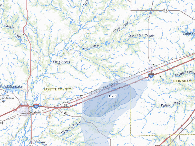 NEXRAD radar-signature map of the hail storm over Saint Elmo, IL on Jul 3, 2026