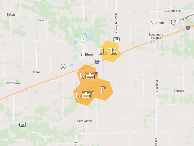 Hail map of Saint Elmo, IL on Jul 3, 2026, hail up to 1.25"