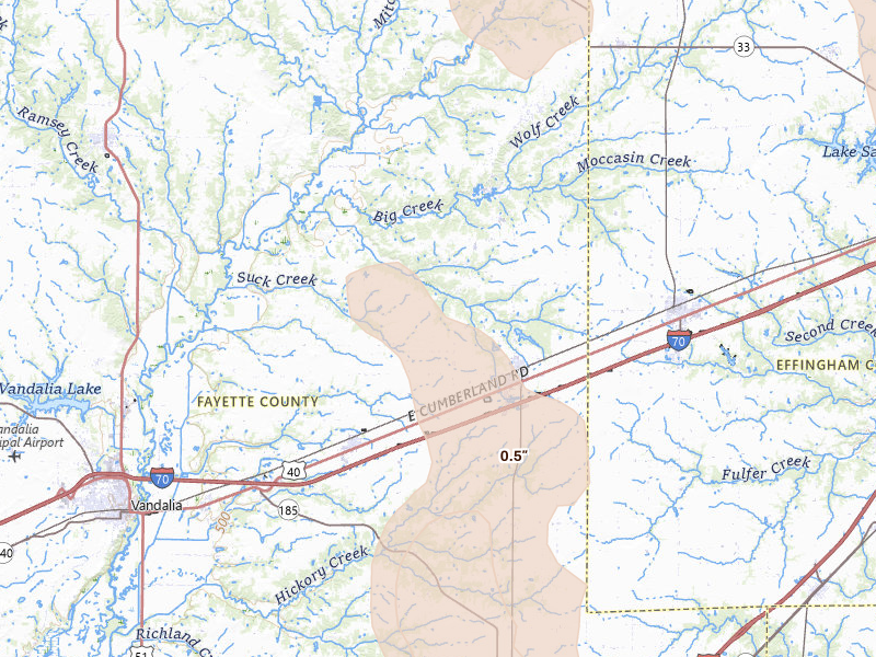 Radar-estimated hail-size map of the storm over Saint Elmo, IL on Jul 26, 2026
