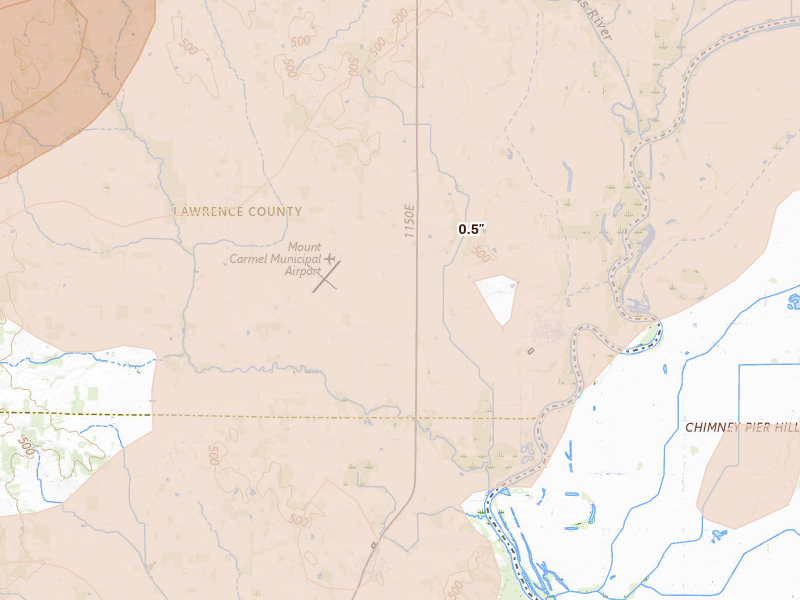 Radar-estimated hail-size map of the storm over Saint Francisville, IL on Apr 27, 2026