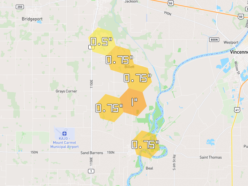 Hail map of Saint Francisville, IL on Jul 28, 2026, hail up to 1"