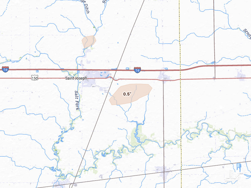 Radar-estimated hail-size map of the storm over Saint Joseph, IL on Jul 4, 2026