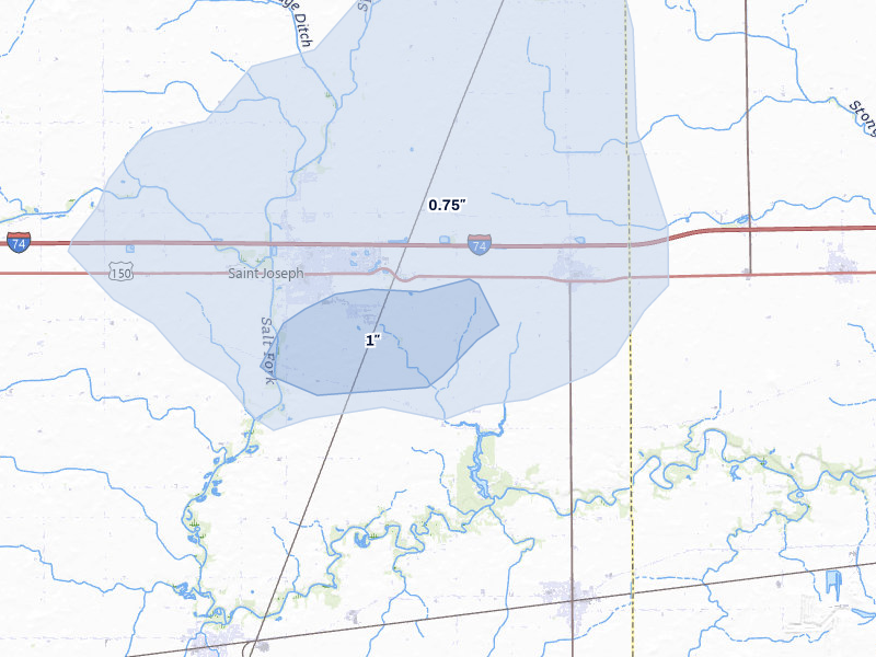 NEXRAD radar-signature map of the hail over Saint Joseph, IL