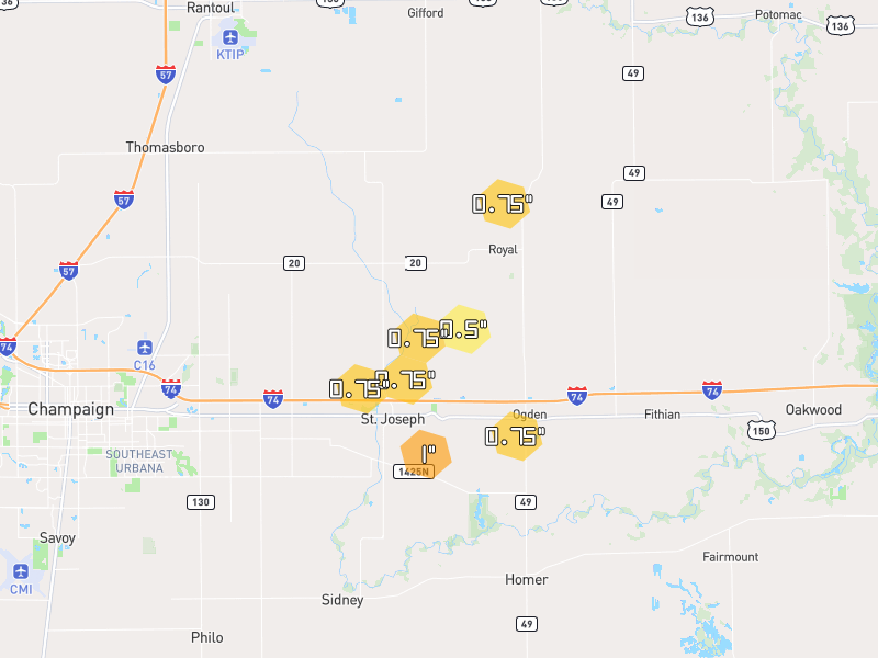 Hail map of Saint Joseph, IL on Jul 4, 2026, hail up to 1"