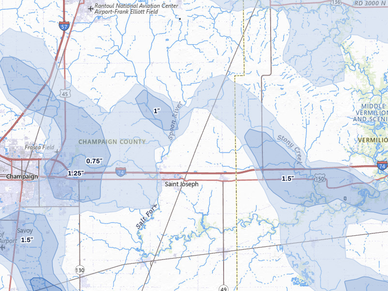 NEXRAD radar-signature map of the hail storm over Saint Joseph, IL on Aug 11, 2026