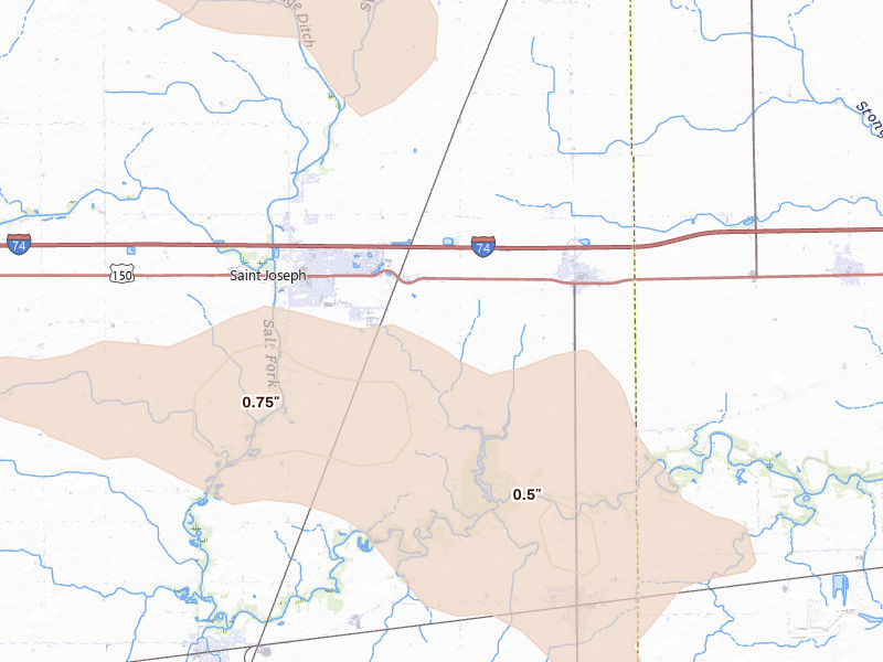 Radar-estimated hail-size map of the storm over Saint Joseph, IL on Aug 26, 2026