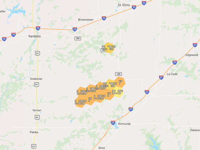Hail map of Saint Peter, IL on Jul 3, 2026, hail up to 1.25"