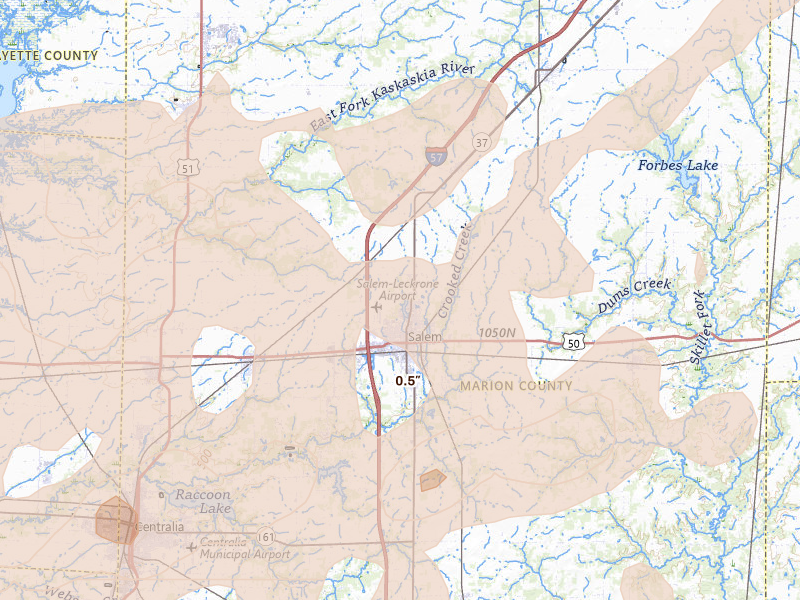 Radar-estimated hail-size map of the storm over Salem, IL on Apr 27, 2026