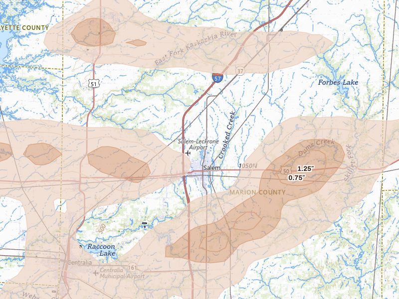 Radar-estimated hail-size map of the storm over Salem, IL on May 16, 2026